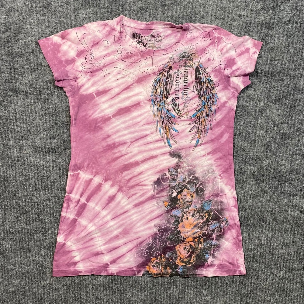 Hierarchy Couture Pink Tie Dye Angel Wings Roses Graphic Tee Shirt Womens Medium - Picture 2 of 6